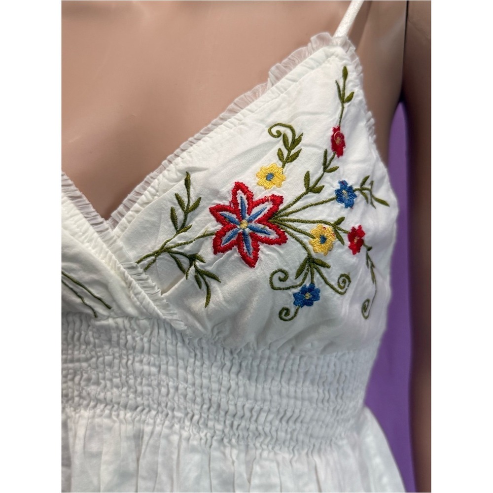 White Embroidered Floral Spaghetti Strap Smocked Mini Sundress - Picture 3 of 8